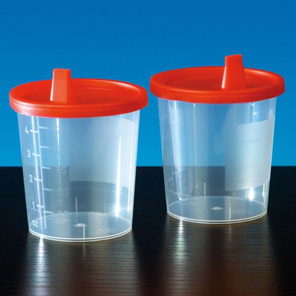 Urinbecher 125ml mit Tülle AP 100 und rotem Schnappdeckel