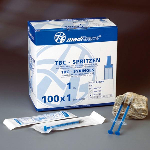 Mediware Tuberkulinspritze 1ml - U100 AP 100 3-tlg. ohne Totraum, Luer, blau