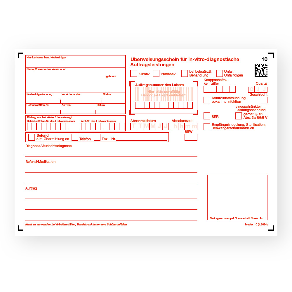 Muster 10 - Überweisungs-/Abrechnungsschein f. Laboratoriumsuntersuchungen als Auftragsleistung