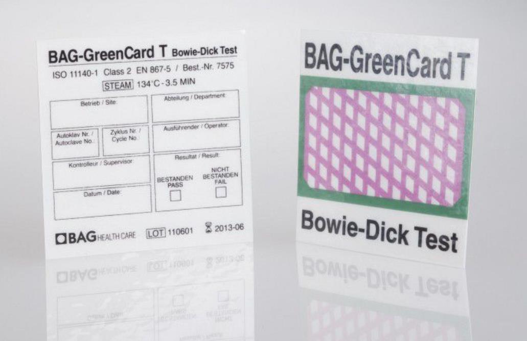 BAG-GreenCard T Einmal-Test für den AP 15 tägl. Bowie-Dick-Test Dampf