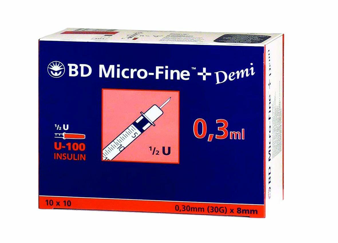 BD Micro-Fine+Insulinspritze U100 AP 100 0,3ml 30 I.E., 30G 0,30x8mm