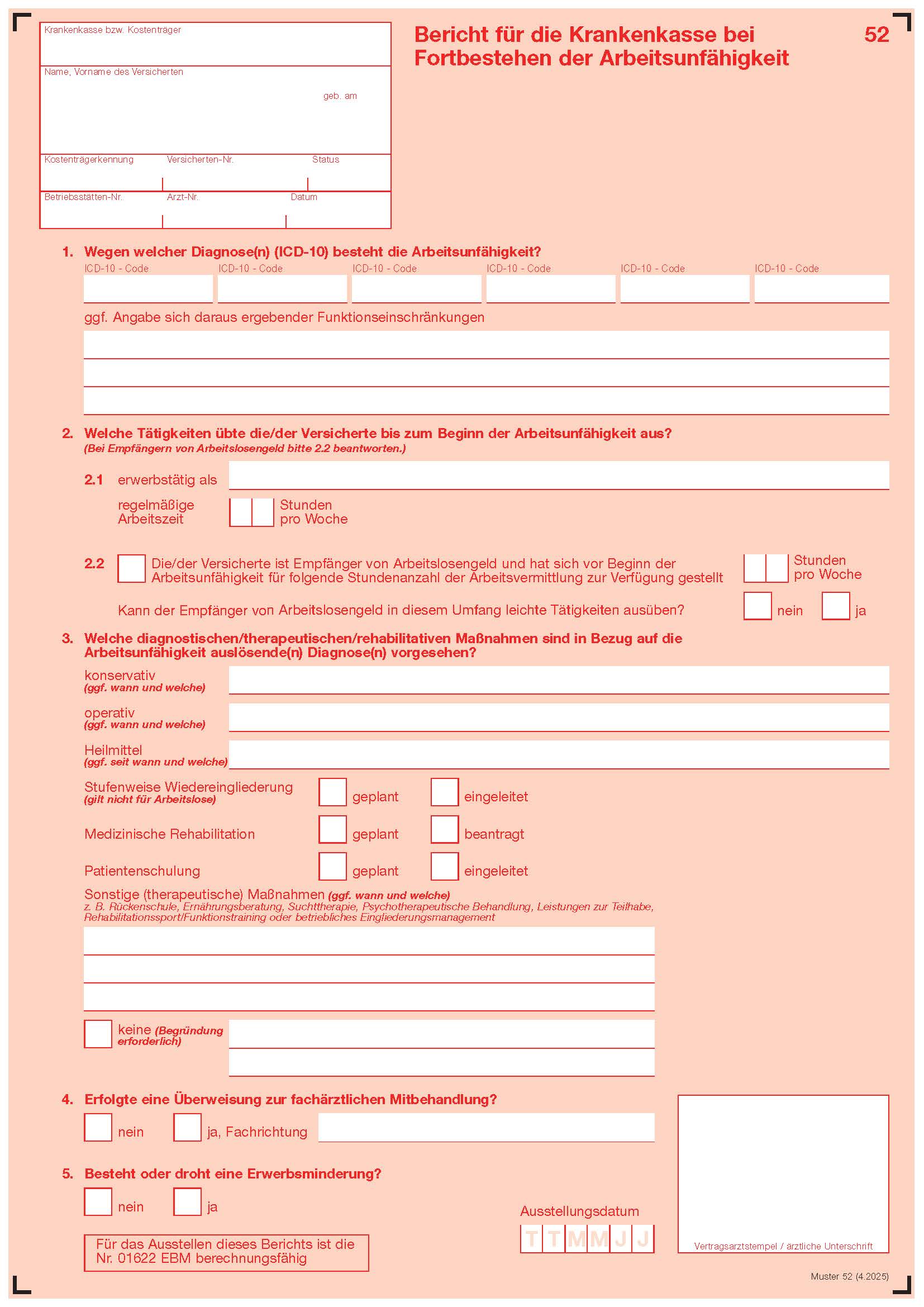 Muster 52 - Bericht für die Krankenkasse bei Fortbestehen der Arbeitsunfähigkeit