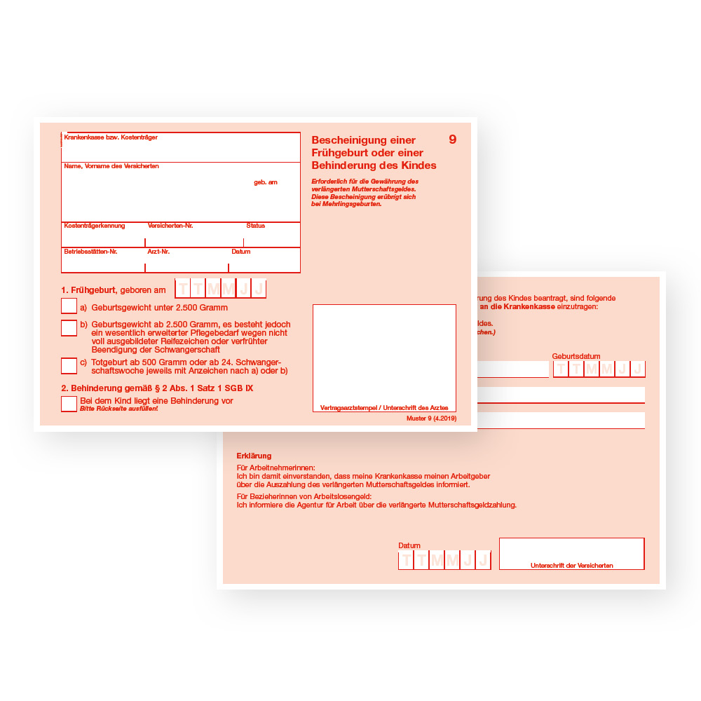 Muster 9 - Bescheinigung f. d. Gewährung von Mutterschaftsgeld bei Frühgeburten